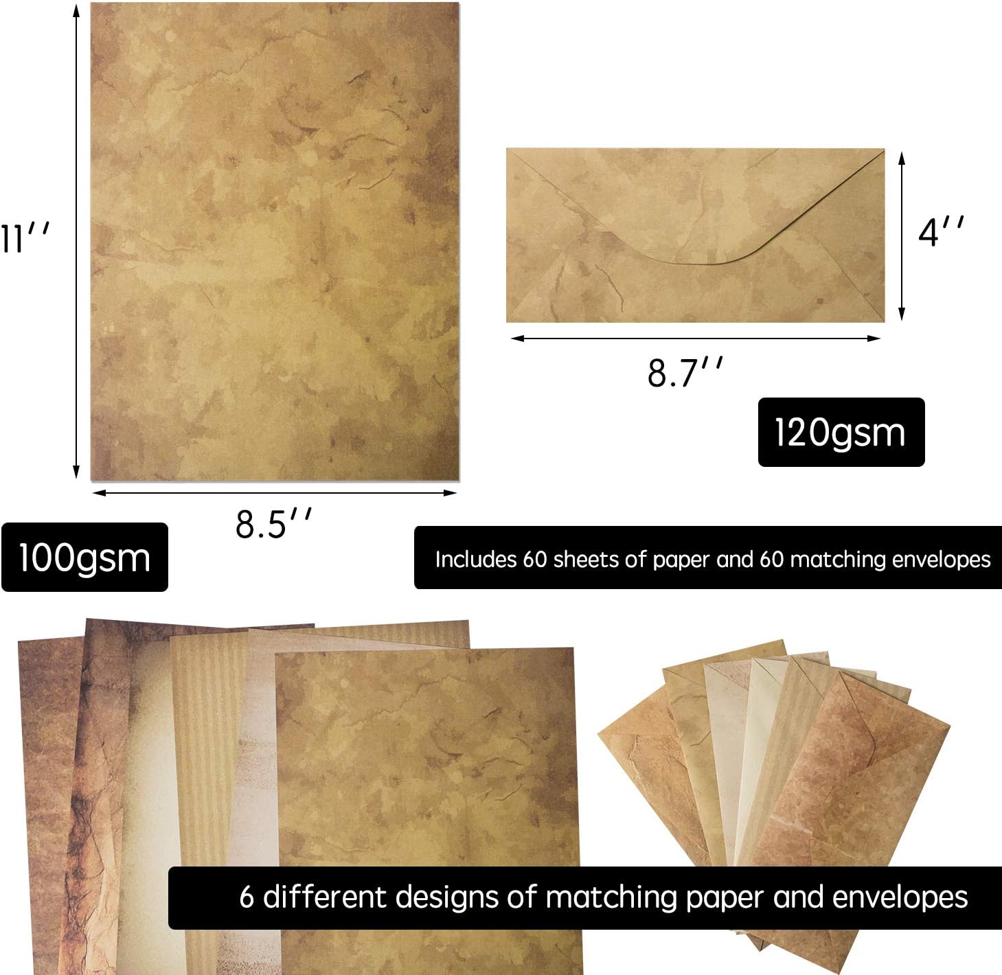 120 Pack Vintage Paper and Envelopes - 60 Sheets of Antique Looking Papers & 60 Antique Style Envelopes - Six Classic Aged Paper Designs - Vintage Printing paper, Vintage Writing Paper, 8.5 x 11 inch - Image 2