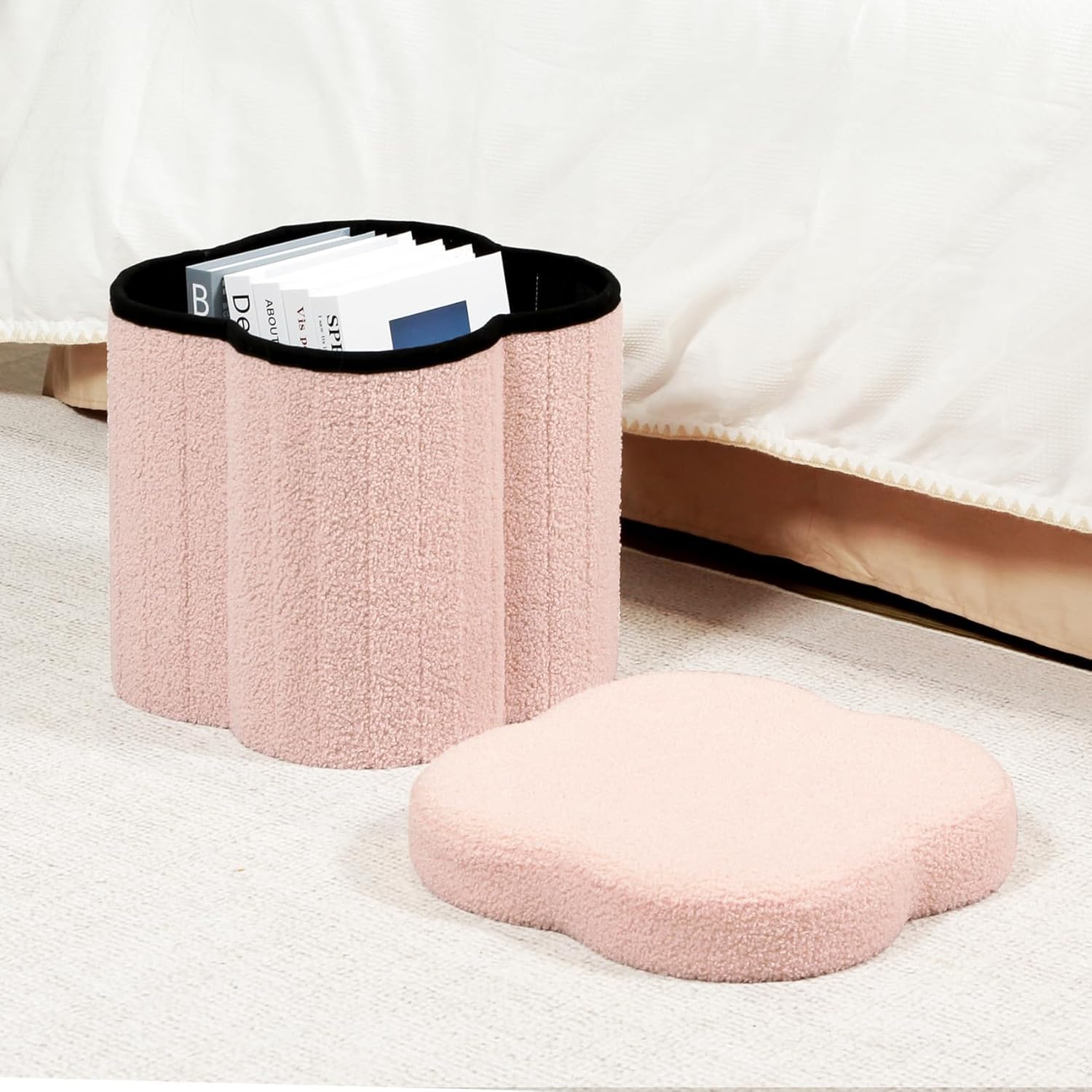 B FSOBEIIALEO Storage Ottoman Cube, Flowers Shaped Ottomans with Storage Foot Stool Footrest for Lving Room, Boucle Ottoman Seat for Dorm Room,Faux Teddy Fur, Pink 12.6"x12.6"x12.6" - Image 2
