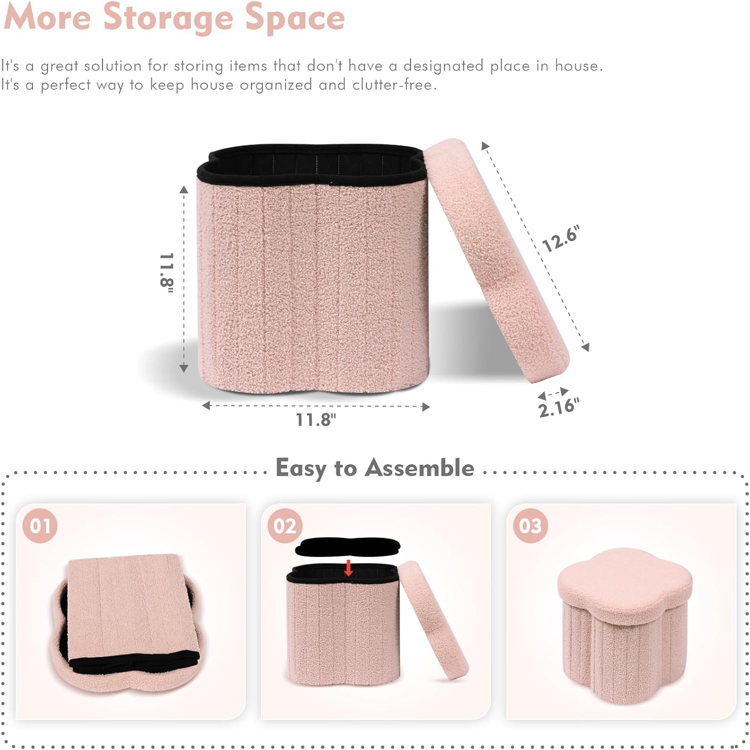 B FSOBEIIALEO Storage Ottoman Cube, Flowers Shaped Ottomans with Storage Foot Stool Footrest for Lving Room, Boucle Ottoman Seat for Dorm Room,Faux Teddy Fur, Pink 12.6"x12.6"x12.6" - Image 3