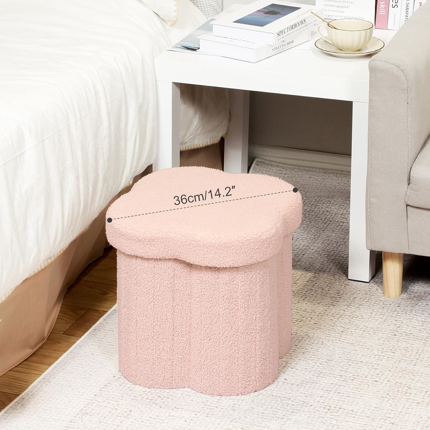 B FSOBEIIALEO Storage Ottoman Cube, Flowers Shaped Ottomans with Storage Foot Stool Footrest for Lving Room, Boucle Ottoman Seat for Dorm Room,Faux Teddy Fur, Pink 12.6"x12.6"x12.6" - Image 4