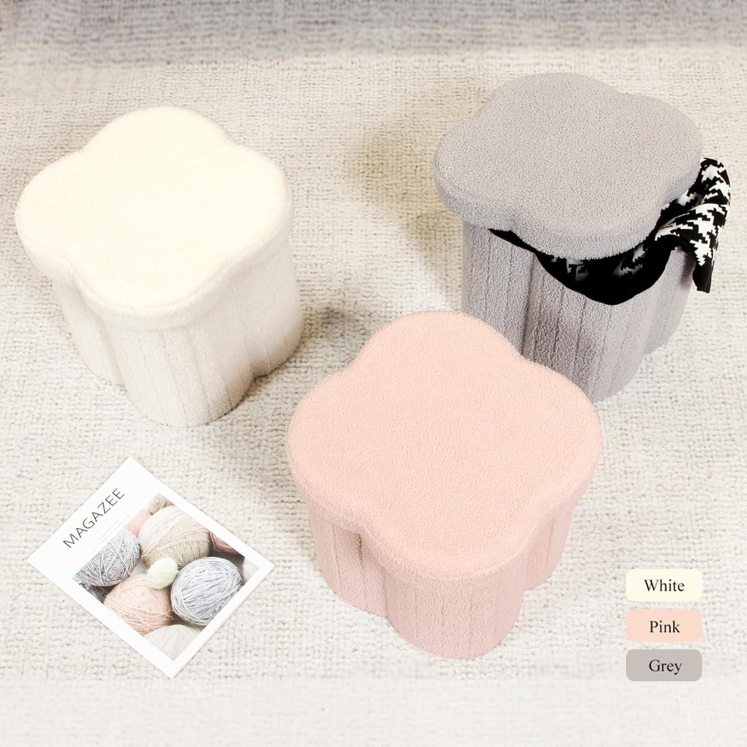 B FSOBEIIALEO Storage Ottoman Cube, Flowers Shaped Ottomans with Storage Foot Stool Footrest for Lving Room, Boucle Ottoman Seat for Dorm Room,Faux Teddy Fur, Pink 12.6"x12.6"x12.6" - Image 8